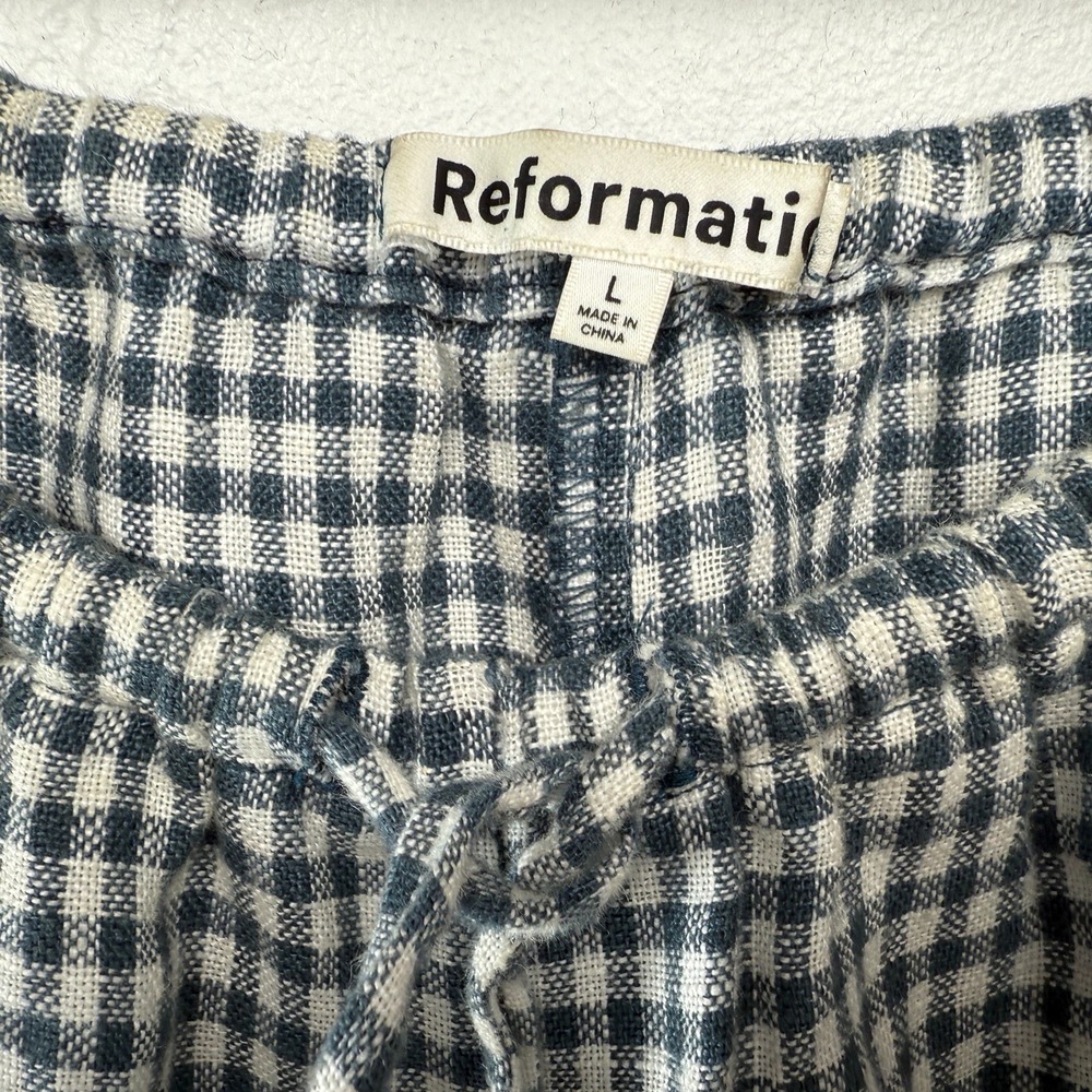 Reformation Blue White Gingham 100% Linen Wide Leg Drawstring Pants Womens Large - Picture 5 of 8